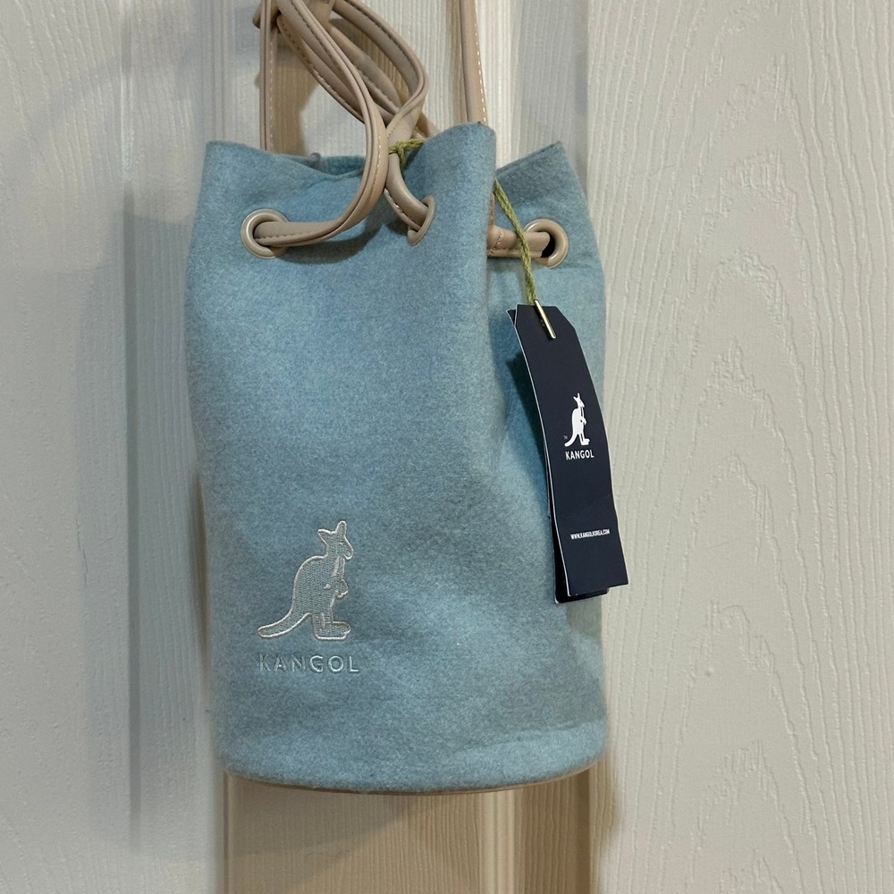 Kangol Light Blue Felt Bucket Bag Drawstring Crossbody Small Handbag NWT